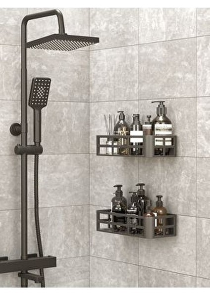 Banyo Mutfak Duş Rafı 2 Adet Şampuanlık Sabunluk Siyah Yapışkanlı Organizer