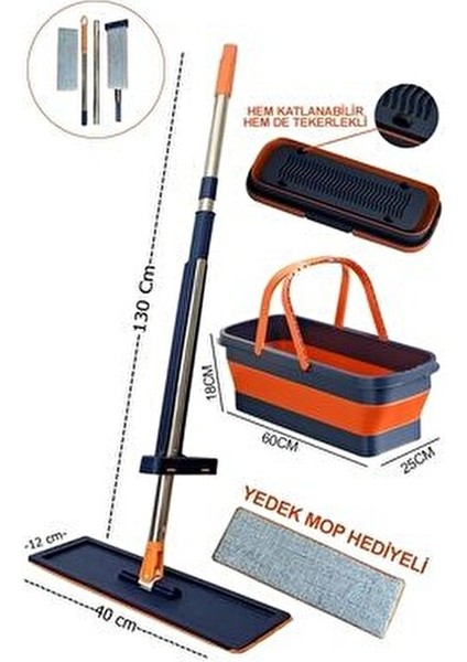 Katlanabilir ve Tekerlekli Mop Seti – 130 cm Uzun Saplı, Yedek Mop Başlıklı, Pratik Temizlik Mop Set