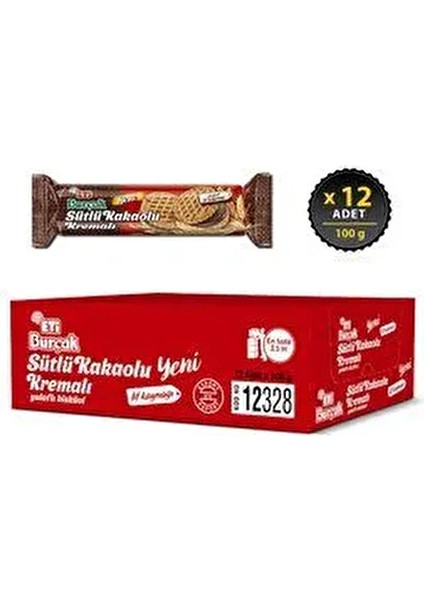 Burçak Sütlü Kakaolu Kremalı Yulaflı Bisküvi 100 G x 12 Adet