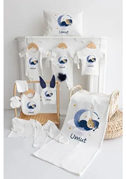 %100 Pamuk Baskılı Tavşanlı Bebek Hastane Çıkışı 11’li Isimli Organik Lacivert Unisex Takım Seti