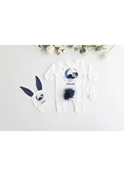 %100 Pamuk Baskılı Tavşanlı Bebek Hastane Çıkışı 11’li Isimli Organik Lacivert Unisex Takım Seti fiyatları