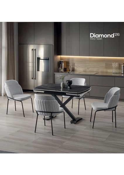 Diamond Açılır Masa Takımı – Siyah Mermer - Siyah Metal Ayak, 4 Sandalyeli, 80X120/180 cm fiyatları