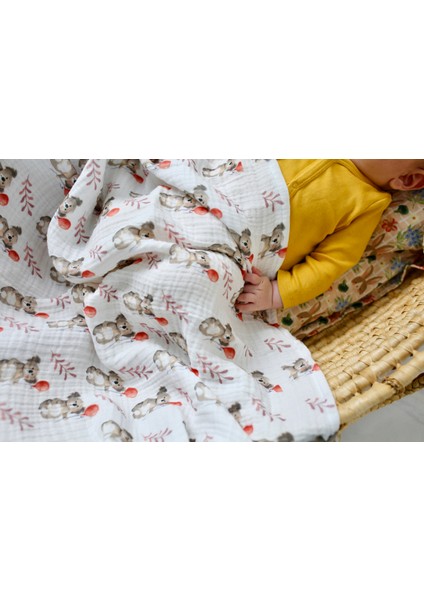 4 Katlı Müslin Bebek Battaniyesi / Hastane Çıkışı + Kundak – %100 Organik Pamuk /Koala Düşleri