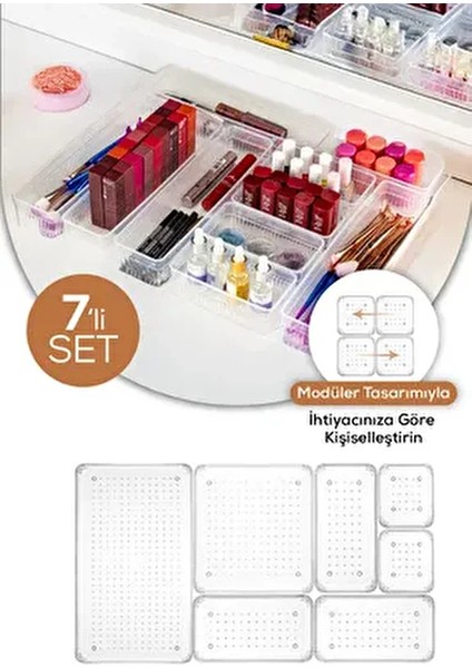7'li Plastik Çekmece Içi Organizer Banyo Makyaj Takı Düzenleyici 100 x 100 Boyut