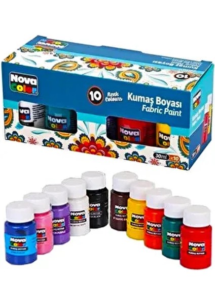 Nova Color Kumaş Boyası 10 Renkli Set Yıkanabilir Ve Solmaya Dayanıklı 30 Ml Her Renk İçin