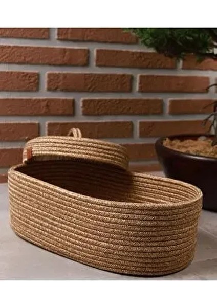 Jüt Oval Kapaklı Hasır Sepet Organizer 30X20 Bej Renkli Çok Amaçlı Kullanım Özelliği