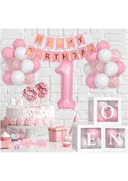 One Yazılı Şeffaf Kutu Balonlu Doğum Günü Seti Parti Kutlama Eğlence