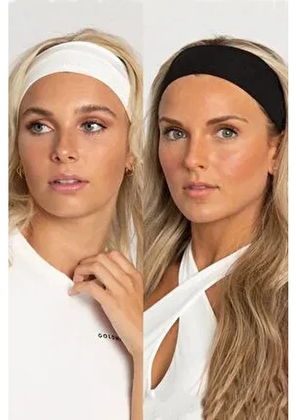 Kadın 2'li Pamuklu Siyah-Beyaz Esnek Bandana Saç Bandı Seti