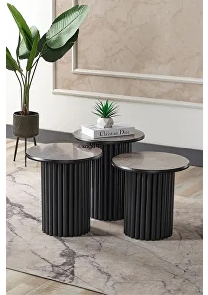 Boston Mdf 3'lü Sehpa Yuvarlak Ahşap ve Metal Ayak