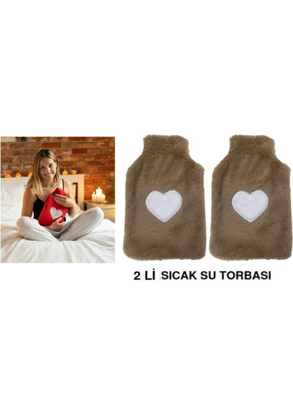 2 Adet Sıcak Su Torbası Peluş Kalpli,bej Termofor 27X17CM 1 Litre