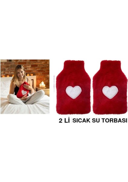 2 Adet Sıcak Su Torbası Peluş Kalpli,kırmızı Termofor 27X17X2CM 1 Litre