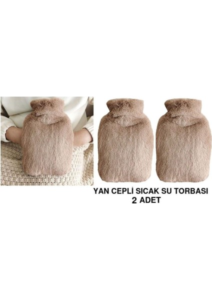 2 Adet Sıcak Su Torbası Yan Cepli Bej Peluş Termofor 27X17X2CM 1 Litre