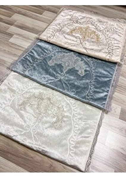 3 Adet Fransız Güpürlü Işlemeli Kadife Çeyizlik Gelin Seti Seccadesi modelleri