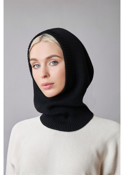 Balaclava Kadın Triko Kar Maskesi Bere Boyunluk Siyah