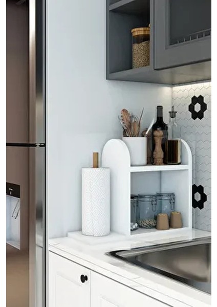 Kağıt Havluluklu Mutfak Rafı Tezgah Üstü Masa Üstü Peçetelik Raf Beyaz