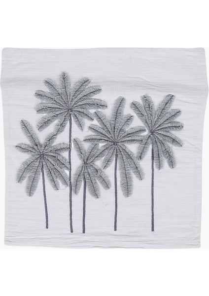Beyaz Pamuklu Çoklu Palmiye Nakışlı Kare Kırlent