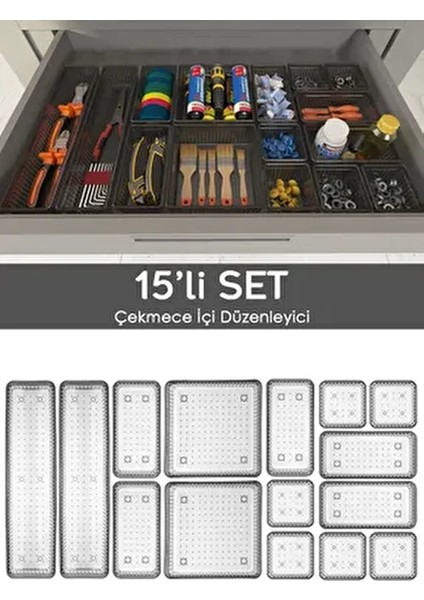 15'li Dolap Çekmece Içi Düzenleyici Set - Vida Dübel Hırdavat Avadanlık Organizer Set Antrasit