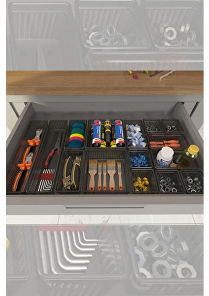 15'li Dolap Çekmece Içi Düzenleyici Set - Vida Dübel Hırdavat Avadanlık Organizer Set Antrasit fırsatları