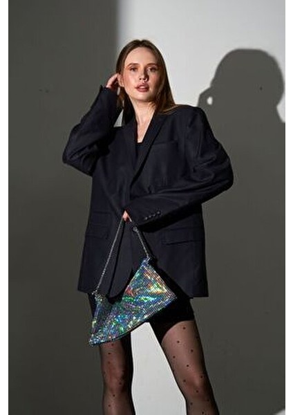Gümüş Hologram Pul Payet Detaylı İki Şekilli Clutch Abiye Çanta Tekstil Malzeme ile Şık Tasarım fırsatları