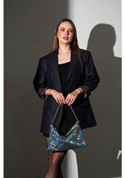Gümüş Hologram Pul Payet Detaylı İki Şekilli Clutch Abiye Çanta Tekstil Malzeme ile Şık Tasarım