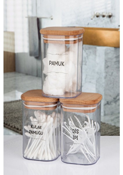 3'lü Ahşap Kapaklı Şeffaf Kulak Pamuğu, Pamuk, Diş Ipi Kavanozu Akrilik modelleri