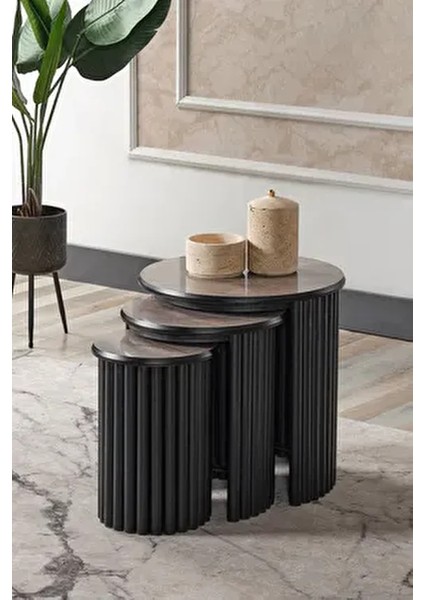 Boston Serisi 3'lü Zigon Sehpa Gri Mdf Yuvarlak Modern Tasarım