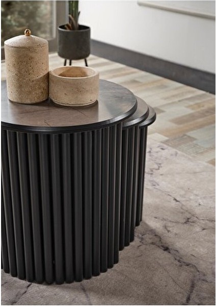 Boston Serisi 3'lü Zigon Sehpa Gri Mdf Yuvarlak Modern Tasarım fiyatları