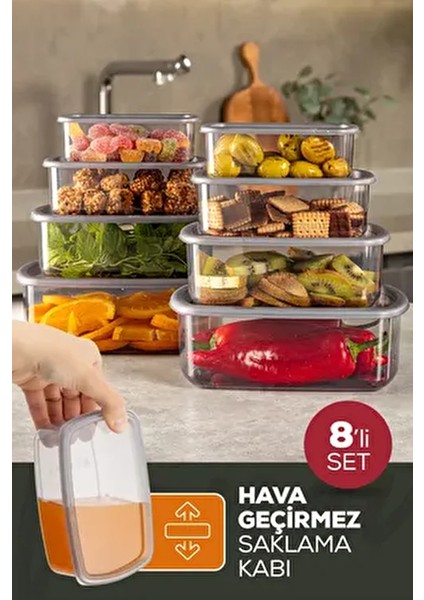 8'li Hava Geçirmez Plastik Saklama Kabı Seti Antrasit 2X(250-500-750-1200 Ml) BPA İçermez