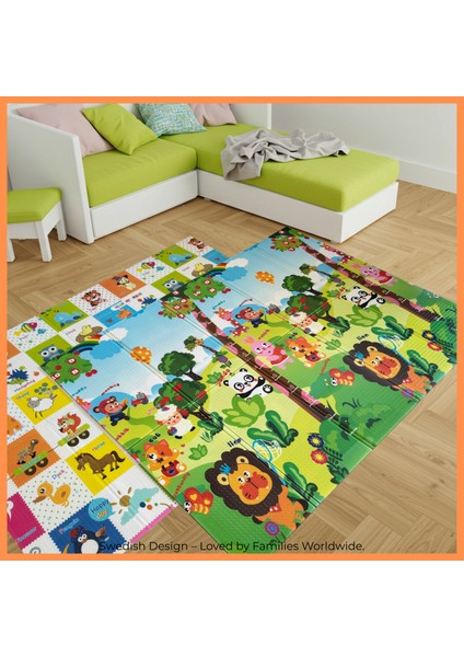 Happy Jungle Çift Taraflı Katlanabilir Oyun Halısı ve Matı Premium Seri – Taşıma Çantalı