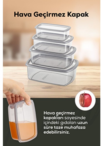 8'li Hava Geçirmez Plastik Saklama Kabı Seti Antrasit 2X(250-500-750-1200 Ml) BPA İçermez indirimleri