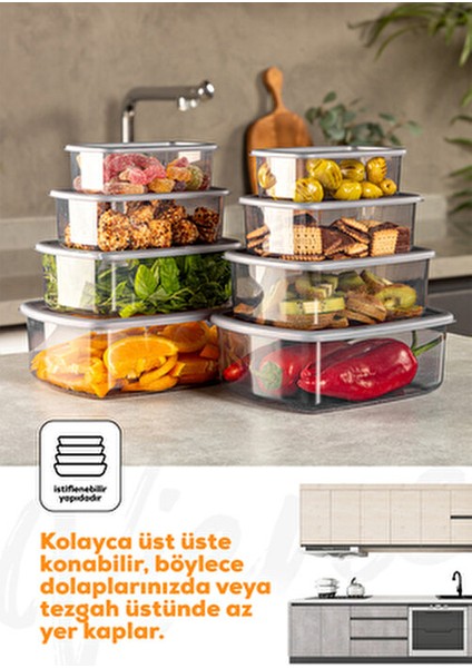8'li Hava Geçirmez Plastik Saklama Kabı Seti Antrasit 2X(250-500-750-1200 Ml) BPA İçermez