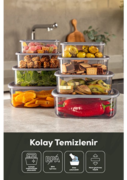 8'li Hava Geçirmez Plastik Saklama Kabı Seti Antrasit 2X(250-500-750-1200 Ml) BPA İçermez