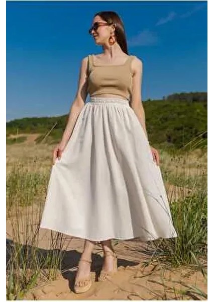 Premium Beli Lastikli Cepli Poplin Beyaz Etek