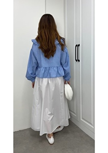 Premium Beli Lastikli Cepli Poplin Beyaz Etek