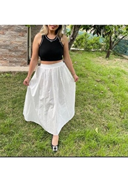 Premium Beli Lastikli Cepli Poplin Beyaz Etek