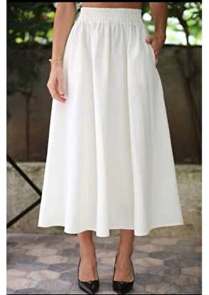 Premium Beli Lastikli Cepli Poplin Beyaz Etek