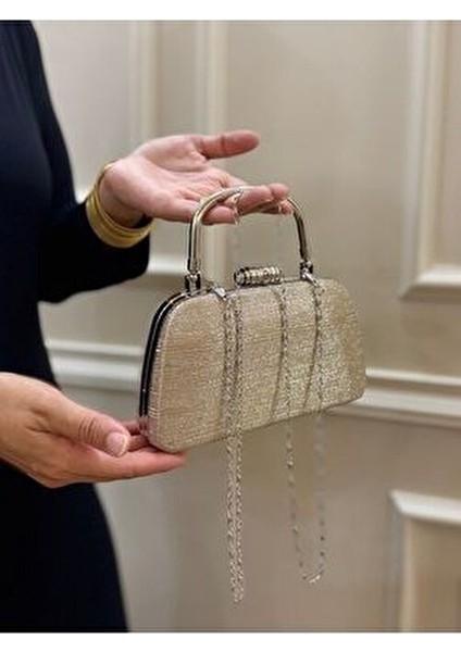 Kadın Gold Simli Tutma Detaylı Abiye Çantası Özel Gün Çantası