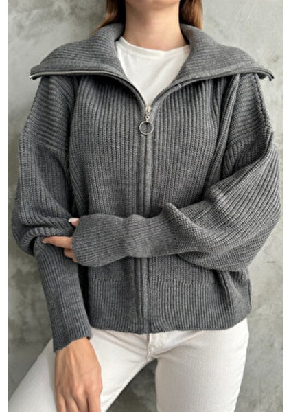 Antrasit Devrik Yaka Fermuarlı Triko Hırka