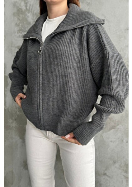 Antrasit Devrik Yaka Fermuarlı Triko Hırka modelleri