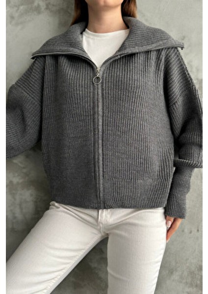 Antrasit Devrik Yaka Fermuarlı Triko Hırka fırsatları