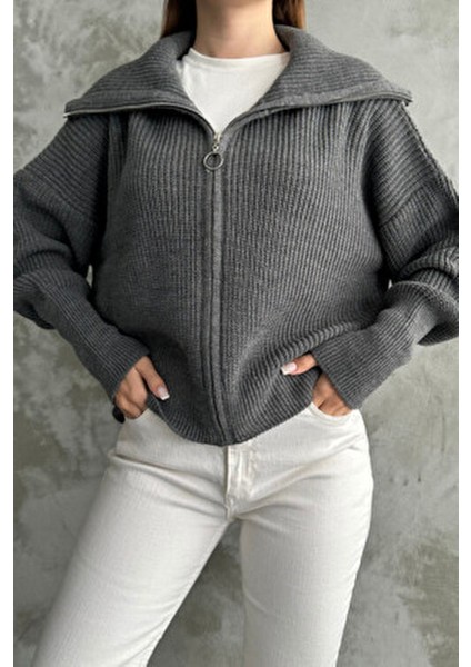 Antrasit Devrik Yaka Fermuarlı Triko Hırka indirimleri