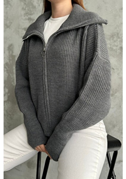 Antrasit Devrik Yaka Fermuarlı Triko Hırka