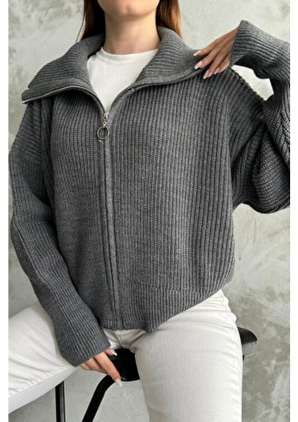 Antrasit Devrik Yaka Fermuarlı Triko Hırka