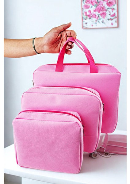 Pembe Renk 3 'lü Makyaj Çantası, Seyahat Makyaj Çantası, Kozmetik ve Kıyafetleri Taşımak Için Uygun