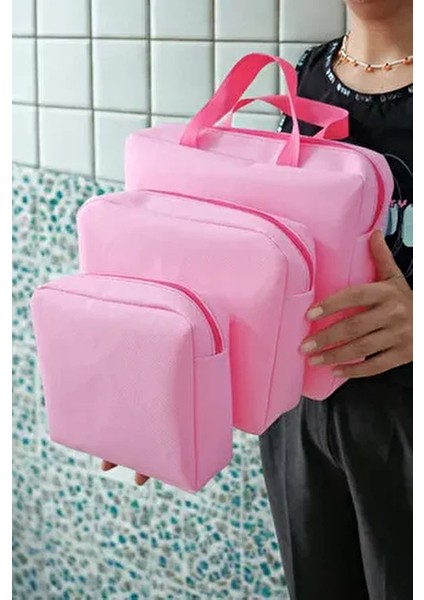 Pembe Renk 3 'lü Makyaj Çantası, Seyahat Makyaj Çantası, Kozmetik ve Kıyafetleri Taşımak Için Uygun fiyatları