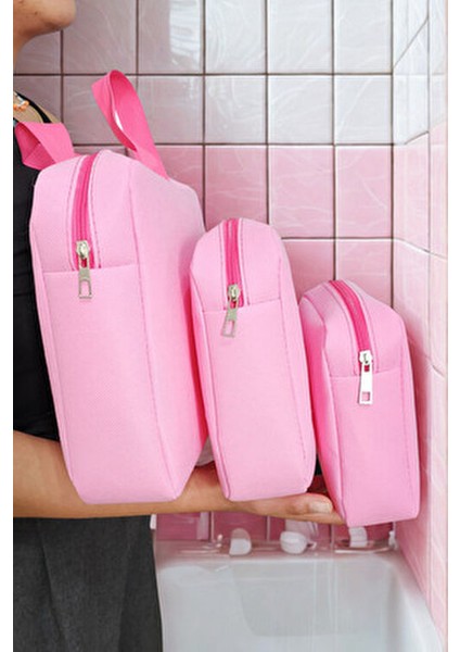 Pembe Renk 3 'lü Makyaj Çantası, Seyahat Makyaj Çantası, Kozmetik ve Kıyafetleri Taşımak Için Uygun modelleri
