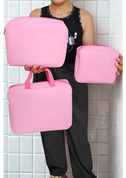 Pembe Renk 3 'lü Makyaj Çantası, Seyahat Makyaj Çantası, Kozmetik ve Kıyafetleri Taşımak Için Uygun fırsatları