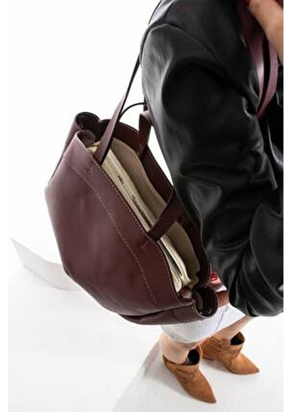 Bordo Shopper Kadın Tote El ve Omuz Askılı Çantası