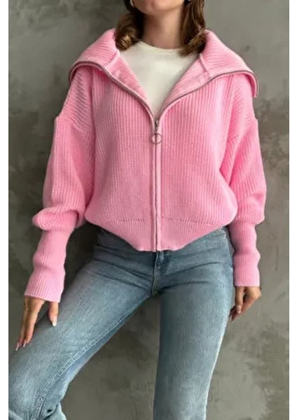 Pembe Devrik Yaka Fermuarlı Triko Hırka
