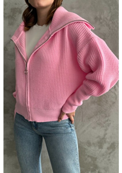 Pembe Devrik Yaka Fermuarlı Triko Hırka modelleri